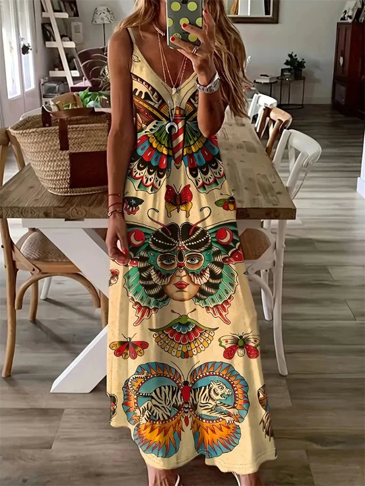 AS | Dámské nové havajské plážové šaty Letní módní sexy šaty bez rukávů dlouhé ohlávka 3D Vintage Butterfly Print Street Photo šaty