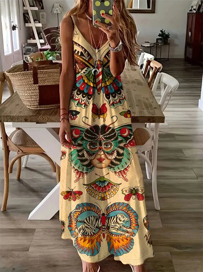 AS | Dámské nové havajské plážové šaty Letní módní sexy šaty bez rukávů dlouhé ohlávka 3D Vintage Butterfly Print Street Photo šaty