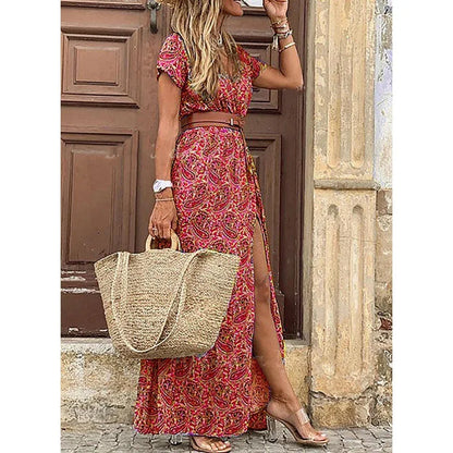 AS | Letní trend V-Neck ženy Retro Vintage tisk Slim s pásem Sexy ležérní elegantní dovolená šaty vysoké štěrbiny nepravidelné Midi šaty
