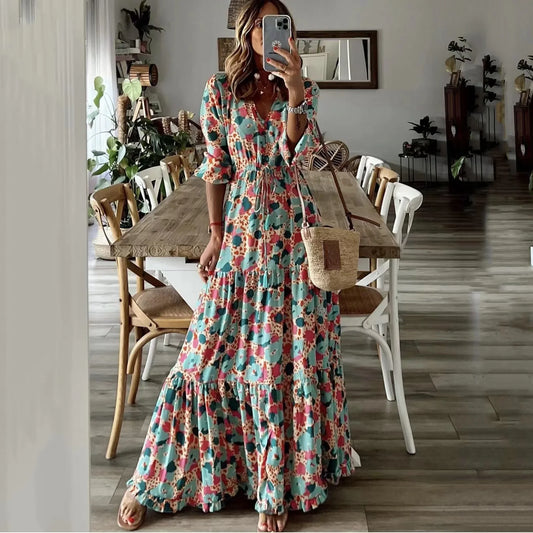 AS | Jarní podzimní květinový tisk dlouhé šaty pro ženy příležitostné dovolená A-line plážové šaty módní elegantní bohémský styl Maxi Vestidos