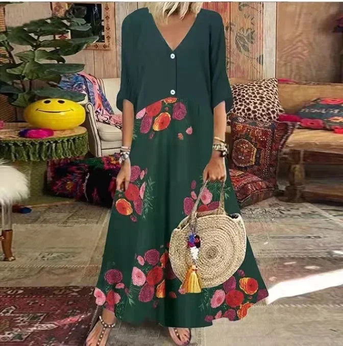 AS | 2025 Jarní nadměrné velikosti dámské dlouhé šaty tisk V-Neck krátký rukáv tlačítko volné A-linie šaty ženské ležérní elegantní dámské oblečení