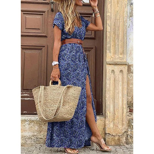 AS | Letní trend V-Neck ženy Retro Vintage tisk Slim s pásem Sexy ležérní elegantní dovolená šaty vysoké štěrbiny nepravidelné Midi šaty