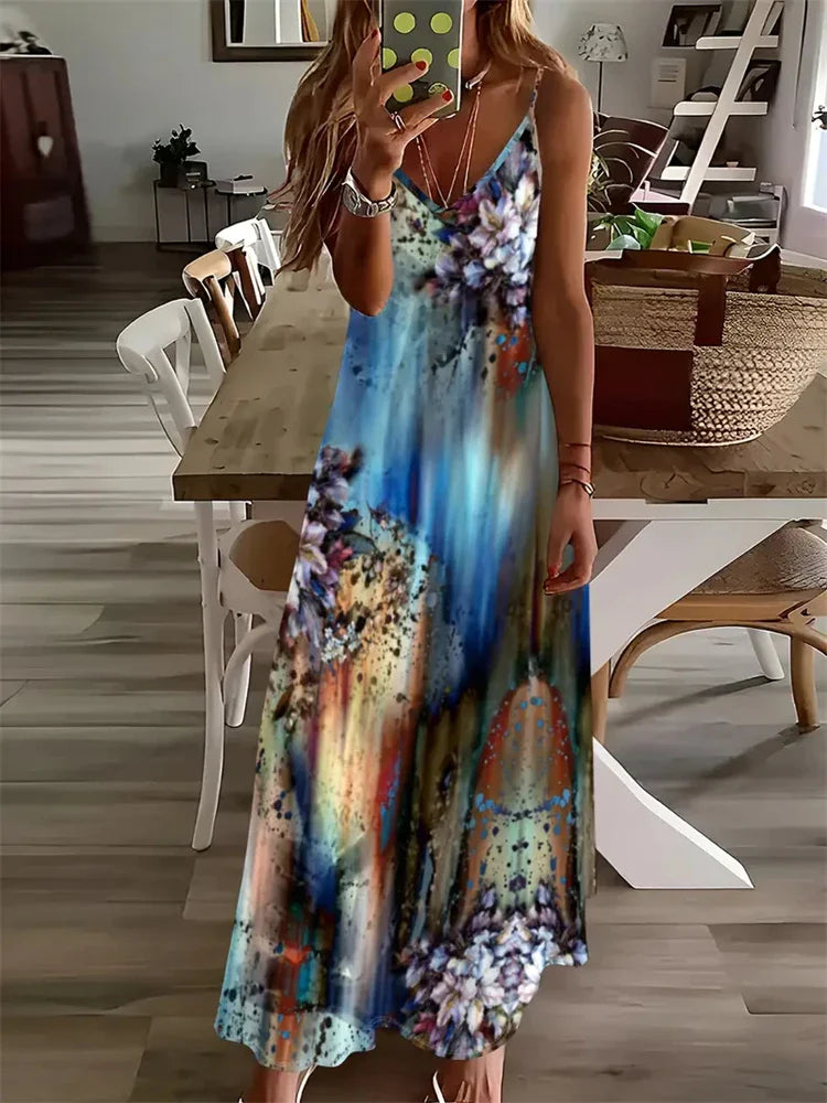 AS | Dámské nové havajské plážové šaty Letní módní sexy šaty bez rukávů dlouhé ohlávka 3D Vintage Butterfly Print Street Photo šaty