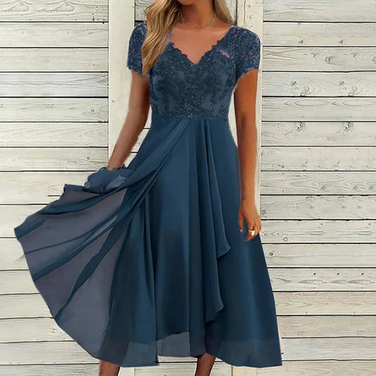 AS | Vestidos Largos Šaty pro ženy Elegantní krajkové šifónové květované šaty Večerní párty šaty V krku Krátký rukáv krajkové šifónové šaty