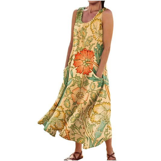 AS | Letní květinové šaty ženy Vintage bez rukávů květinové tištěné dlouhé šaty bavlněné plátno Sundress Baggy Beach Vestido Sarafans