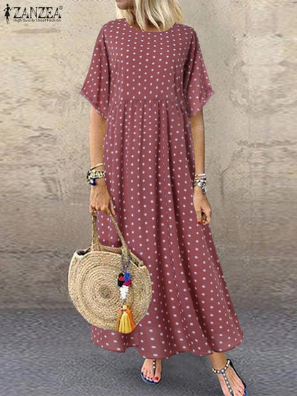 AS | ZANZEA Polka Dot dámy Midi šaty české dovolené krátký rukáv O-Neck dlouhý župan Vintage volné ležérní A-line Vestidos léto