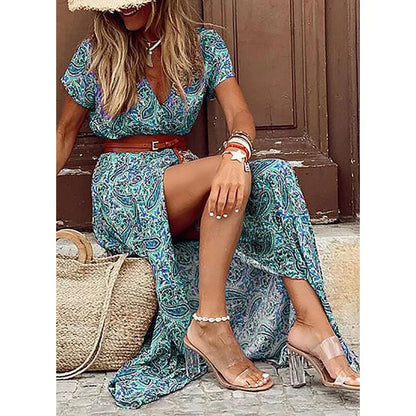 AS | Letní trend V-Neck ženy Retro Vintage tisk Slim s pásem Sexy ležérní elegantní dovolená šaty vysoké štěrbiny nepravidelné Midi šaty