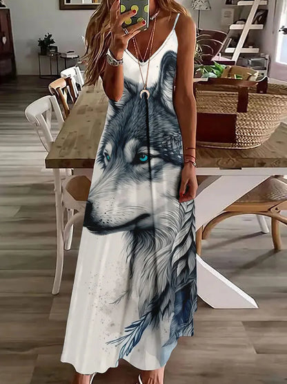 AS | 2024 Nové 3D sovy Vintage Print Sleeveless Vest Long Women Tribal Pattern Spaghetti Strap Dress Summer Long Loose Vest Dresses