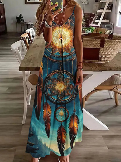 AS | 2024 Nové 3D sovy Vintage Print Sleeveless Vest Long Women Tribal Pattern Spaghetti Strap Dress Summer Long Loose Vest Dresses