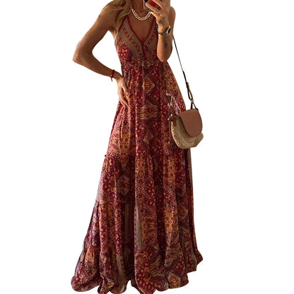 AS | BAMBOOBOY ženy V-Neck strana dlouhé šaty Vintage tištěné bohémské pláže elegantní bez rukávů špagety popruh sexy Maxi Sundress