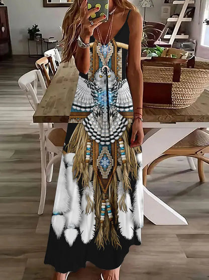 AS | 2024 Nové 3D sovy Vintage Print Sleeveless Vest Long Women Tribal Pattern Spaghetti Strap Dress Summer Long Loose Vest Dresses