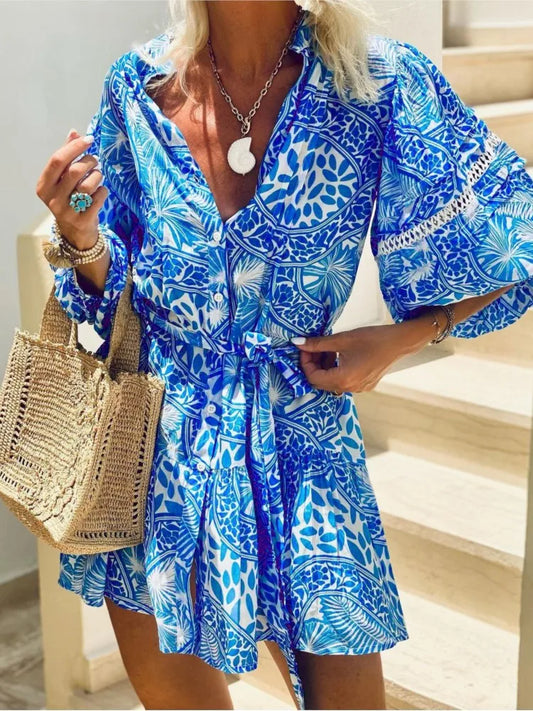 AS | Móda tisknout polovinu rukávu košile dámské šaty letní volné elegantní krajky až košile příležitostné ženské dovolená Beach krátká sukně 2025