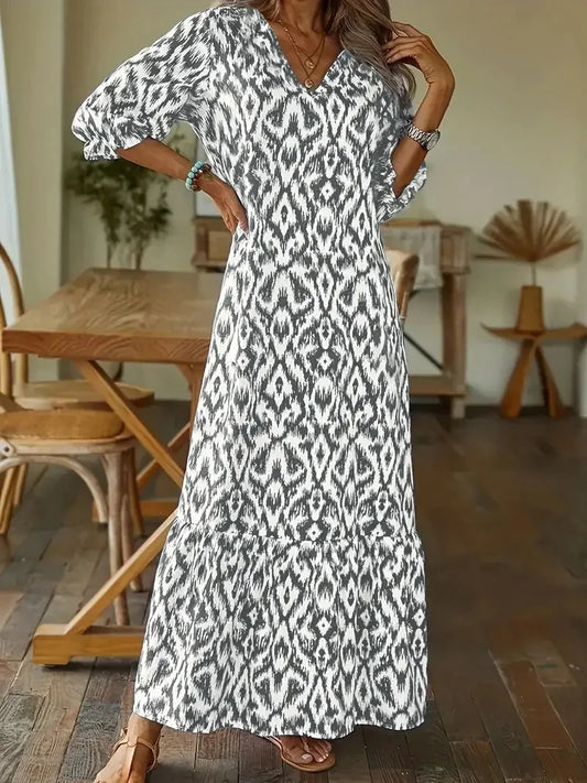 AS | 2024 Evropské a americké přeshraniční AliExpress podzimní a zimní fashionista roztomilé volné V-neck tisk středně rukávy dlouhé šaty