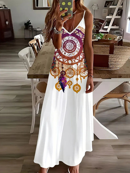 AS | 2024 Nové Vintage etnický tisk Dámy elegantní šaty Letní dámy ležérní šaty bez rukávů Dámská móda Dlouhé šaty ulice