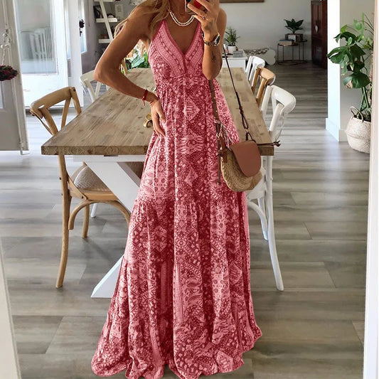 AS | BAMBOOBOY ženy V-Neck strana dlouhé šaty Vintage tištěné bohémské pláže elegantní bez rukávů špagety popruh sexy Maxi Sundress