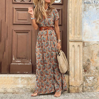 AS | Letní trend V-Neck ženy Retro Vintage tisk Slim s pásem Sexy ležérní elegantní dovolená šaty vysoké štěrbiny nepravidelné Midi šaty