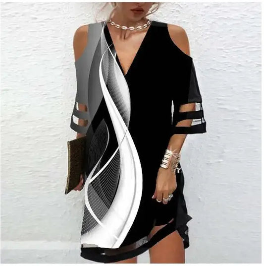 AS | Elegantní styl Letní V-Neck Nové šaty pro ženy Jarní ležérní volné květinové tisk svetr Mesh prošívání půl rukávu Beach šaty