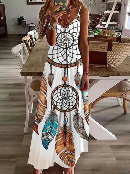 AS | 2024 Nové 3D sovy Vintage Print Sleeveless Vest Long Women Tribal Pattern Spaghetti Strap Dress Summer Long Loose Vest Dresses