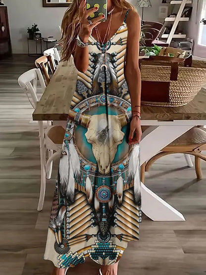 AS | 2024 Nové 3D sovy Vintage Print Sleeveless Vest Long Women Tribal Pattern Spaghetti Strap Dress Summer Long Loose Vest Dresses