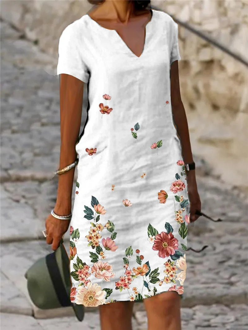 AS | Příležitostné volné tisk Vintage letní ženy tištěné bavlněné krátký rukáv V-Neck sexy Midi šaty elegantní Vestido Feminino S-5xl