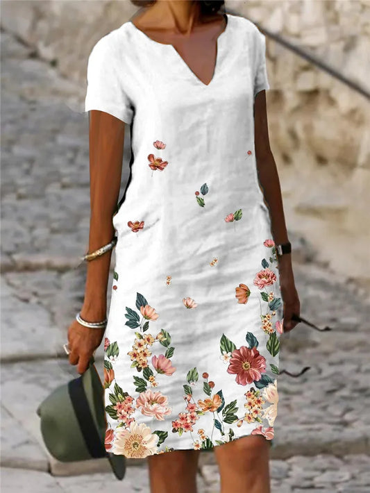 AS | Příležitostné volné tisk Vintage letní ženy tištěné bavlněné krátký rukáv V-Neck sexy Midi šaty elegantní Vestido Feminino S-5xl