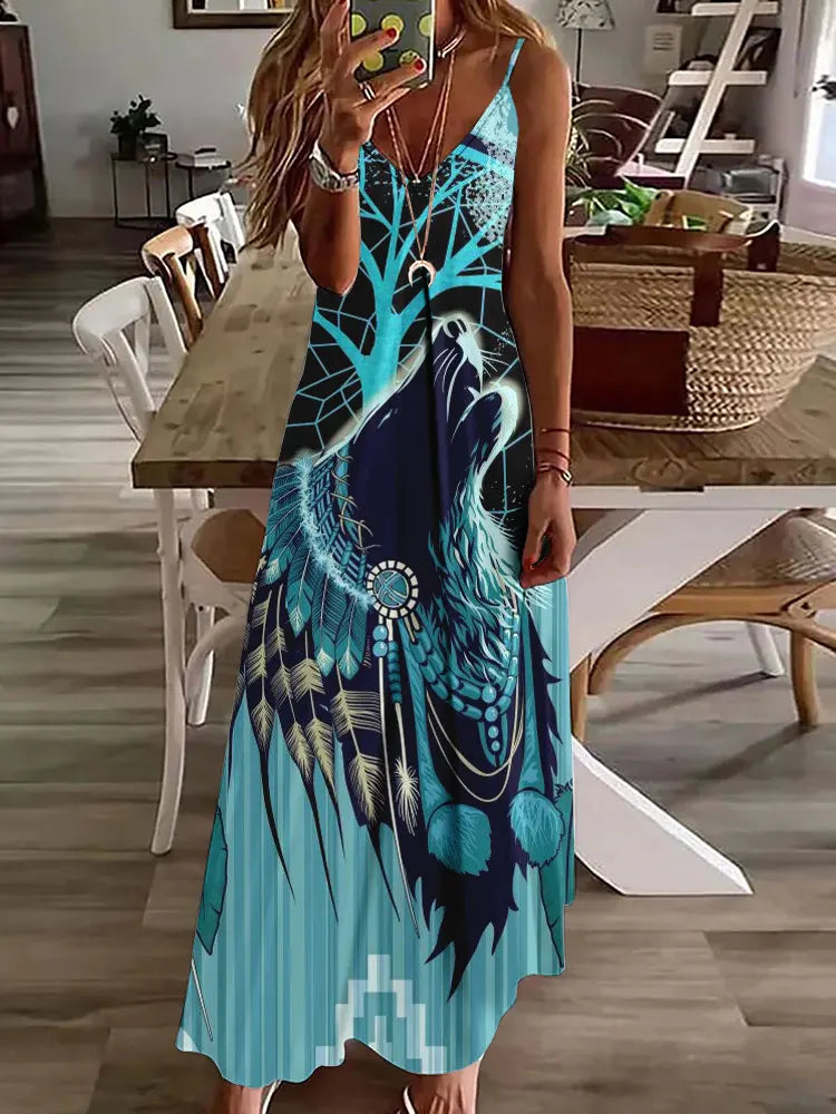 AS | 2024 Nové 3D sovy Vintage Print Sleeveless Vest Long Women Tribal Pattern Spaghetti Strap Dress Summer Long Loose Vest Dresses