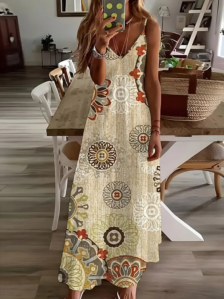 AS | 2024 Nové Vintage etnický tisk Dámy elegantní šaty Letní dámy ležérní šaty bez rukávů Dámská móda Dlouhé šaty ulice