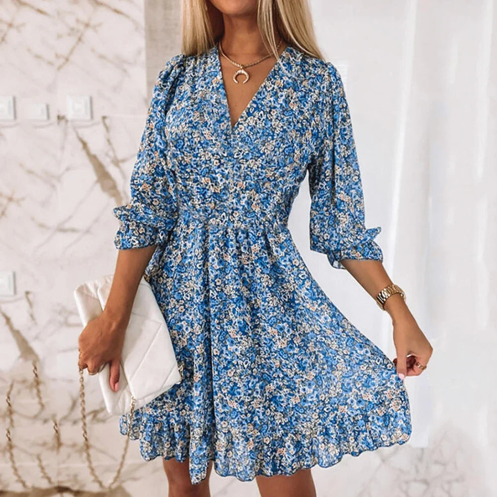 AS | Květinový tisk šaty ženy V-Neck krátký rukáv A linie elegantní šaty Lady svetr letní krátké české strany šaty