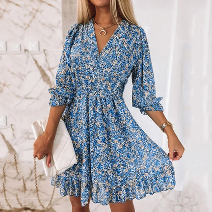 AS | Květinový tisk šaty ženy V-Neck krátký rukáv A linie elegantní šaty Lady svetr letní krátké české strany šaty