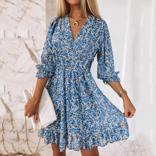 AS | Květinový tisk šaty ženy V-Neck krátký rukáv A linie elegantní šaty Lady svetr letní krátké české strany šaty