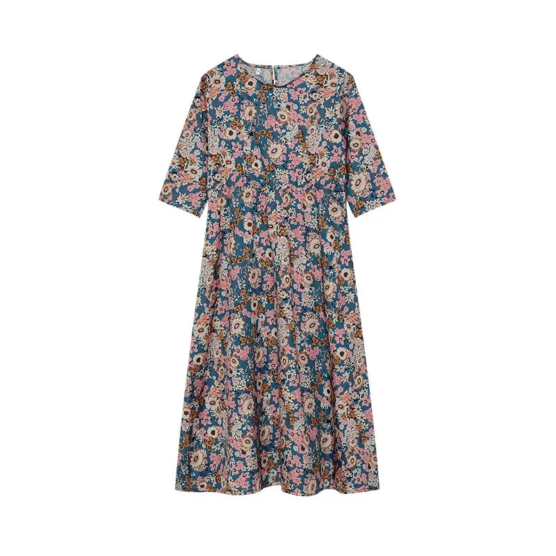 AS | 2024 Cross Border Spring and Summer Printed Round Neck Covered Head Mid Sleeves Loose Casual Bag in a Long Dress (Jarní a letní kříž s potiskem)