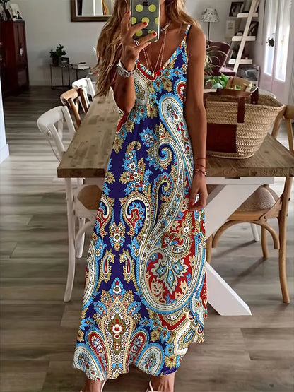 AS | 2024 Nové Vintage etnický tisk Dámy elegantní šaty Letní dámy ležérní šaty bez rukávů Dámská móda Dlouhé šaty ulice