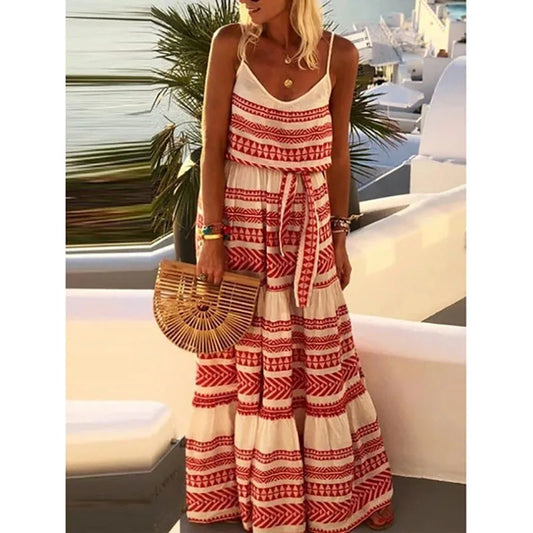 AS | Český styl tisk špagety popruh dlouhé šaty ženy V-neck Leace-up příležitostné plážové šaty Camisole 2024 Letní nové Lady Vestido