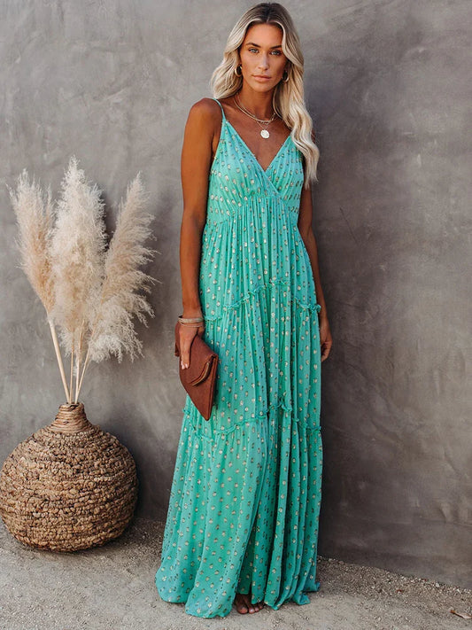 AS | Maxi bohémské šaty Žena Letní zelené páskové šaty Žena Móda příležitostné dlouhé plážové šaty Elegantní tištěné Boho šaty 2023