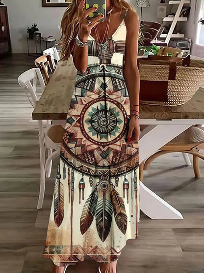 AS | 2024 Nové 3D sovy Vintage Print Sleeveless Vest Long Women Tribal Pattern Spaghetti Strap Dress Summer Long Loose Vest Dresses