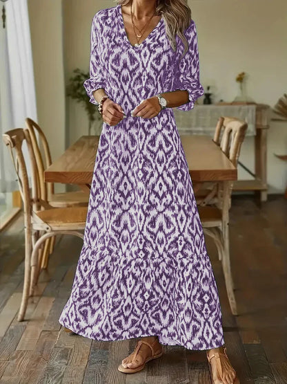 AS | 2024 Evropské a americké přeshraniční AliExpress podzimní a zimní fashionista roztomilé volné V-neck tisk středně rukávy dlouhé šaty
