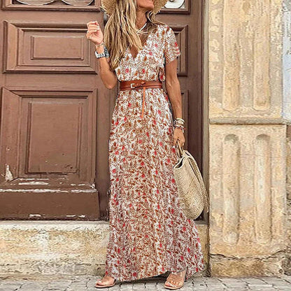 AS | Letní trend V-Neck ženy Retro Vintage tisk Slim s pásem Sexy ležérní elegantní dovolená šaty vysoké štěrbiny nepravidelné Midi šaty