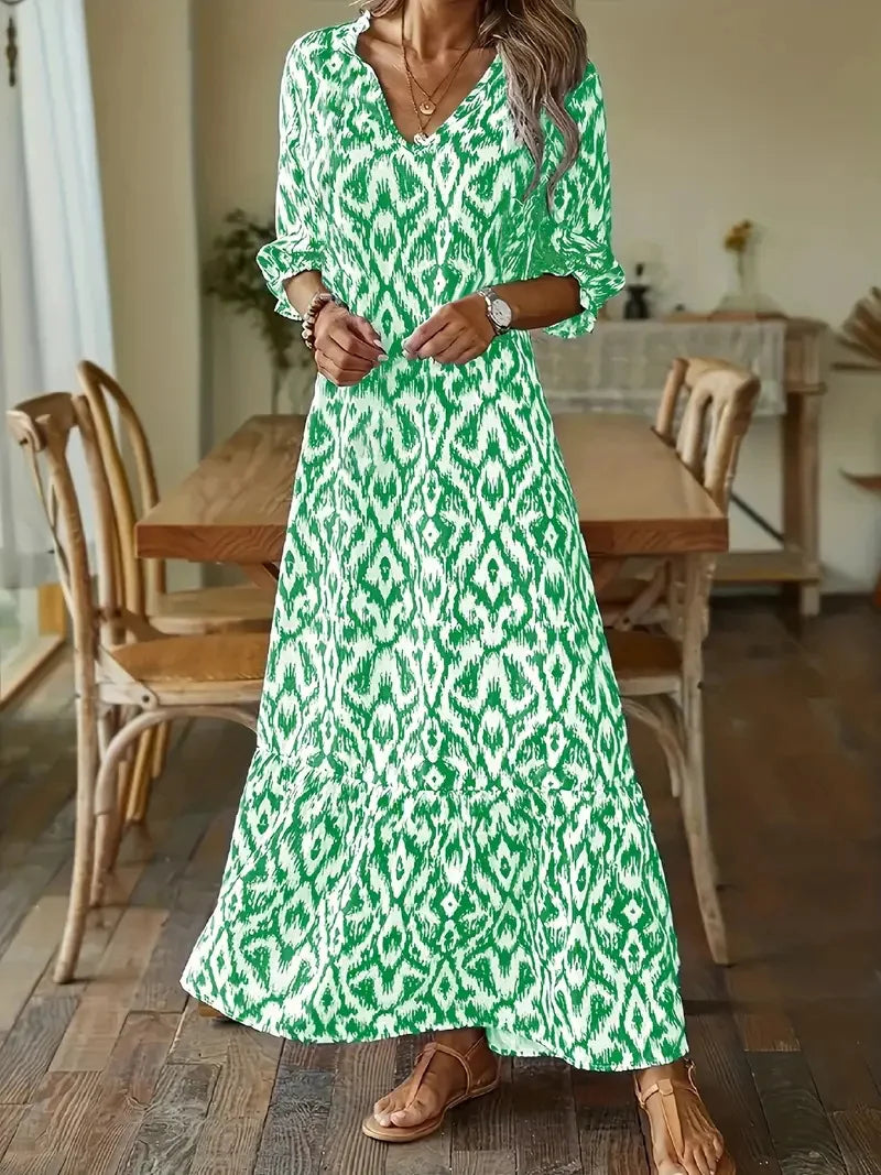 AS | 2024 Evropské a americké přeshraniční AliExpress podzimní a zimní fashionista roztomilé volné V-neck tisk středně rukávy dlouhé šaty