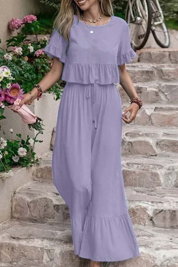 AS | Ležérní volné jednobarevné kalhoty s krátkým rukávem a širokými nohavicemi - dvoudílný komplet