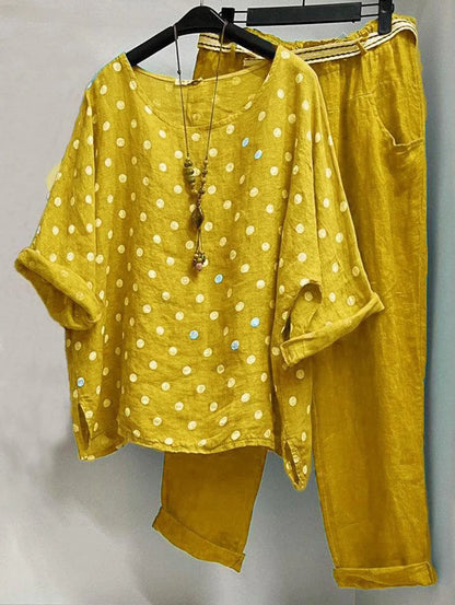 AS | Ležérní halenka s kulatým výstřihem s puntíky a kalhoty s kapsami v balení po 2 kusech