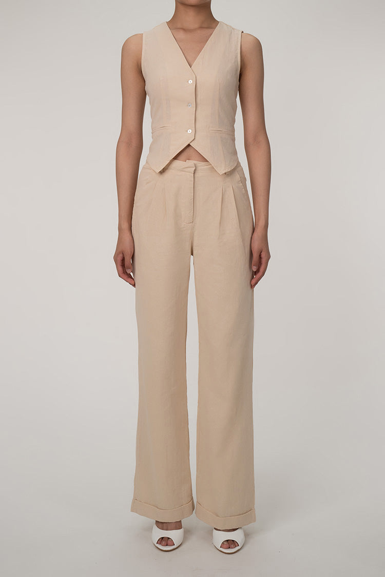 AS | Ležérní dvoudílná bavlněná plisovaná souprava kalhot s výstřihem do V a zapínáním na knoflíky v přední části vesty