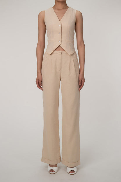 AS | Ležérní dvoudílná bavlněná plisovaná souprava kalhot s výstřihem do V a zapínáním na knoflíky v přední části vesty