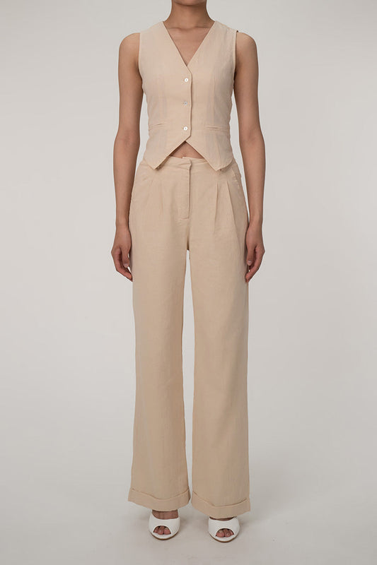 AS | Ležérní dvoudílná bavlněná plisovaná souprava kalhot s výstřihem do V a zapínáním na knoflíky v přední části vesty