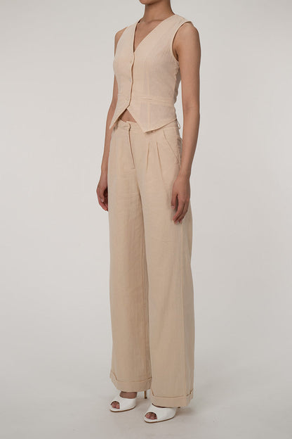 AS | Ležérní dvoudílná bavlněná plisovaná souprava kalhot s výstřihem do V a zapínáním na knoflíky v přední části vesty