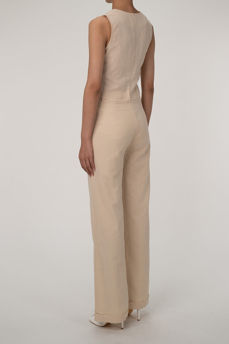 AS | Ležérní dvoudílná bavlněná plisovaná souprava kalhot s výstřihem do V a zapínáním na knoflíky v přední části vesty