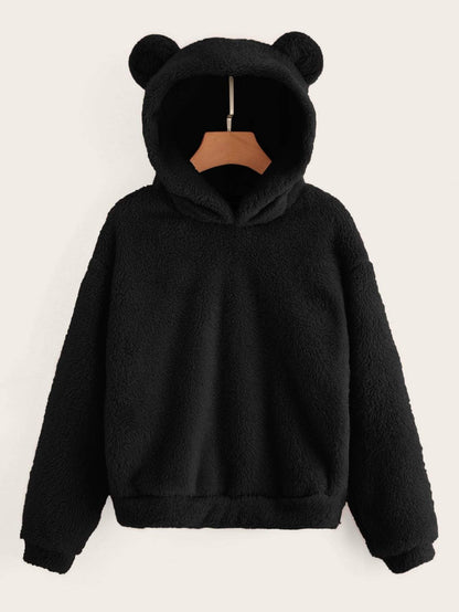 Drop Shoulder Solid Teddy Hoodie With Bear Ears - INS | Online Fashion Free Shipping Clothing, Dresses, Tops, Shoes