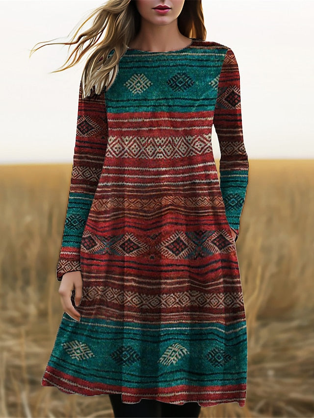 AS | Midi šaty s dlouhými rukávy a boho potiskem