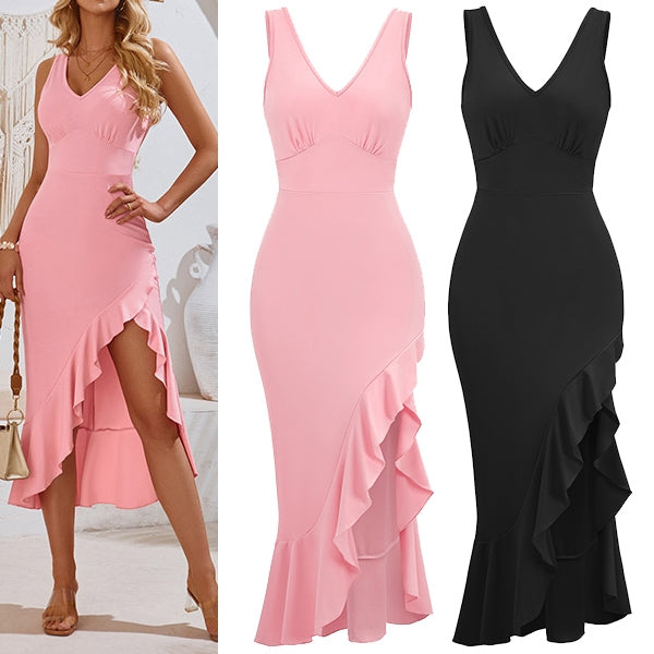 AS | Módní šaty s výstřihem do V, bez rukávů a s volánky