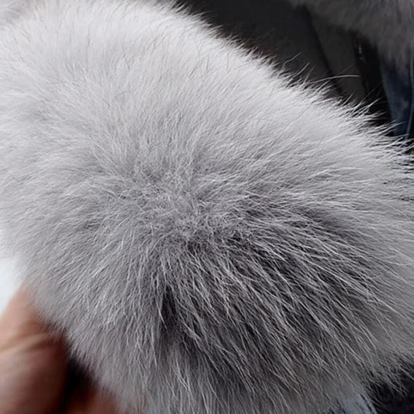 AS | Dámská krátká džínová bunda s límcem z liščí kožešiny a králičí kožešinou