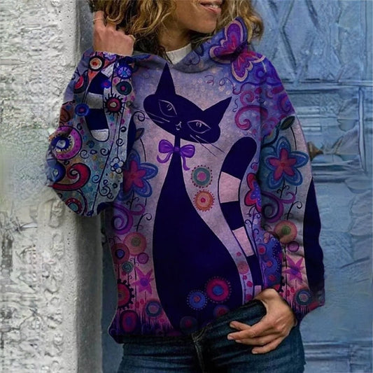 AS | Elegantní mikina s kapucí a potiskem kočky